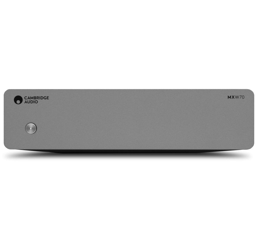 Cambridge Audio MXW70 stereo amplifier with front view showing controls and sleek design.