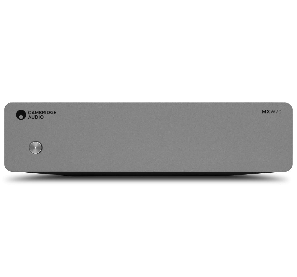 Cambridge Audio MXW70 stereo amplifier with front view showing controls and sleek design.