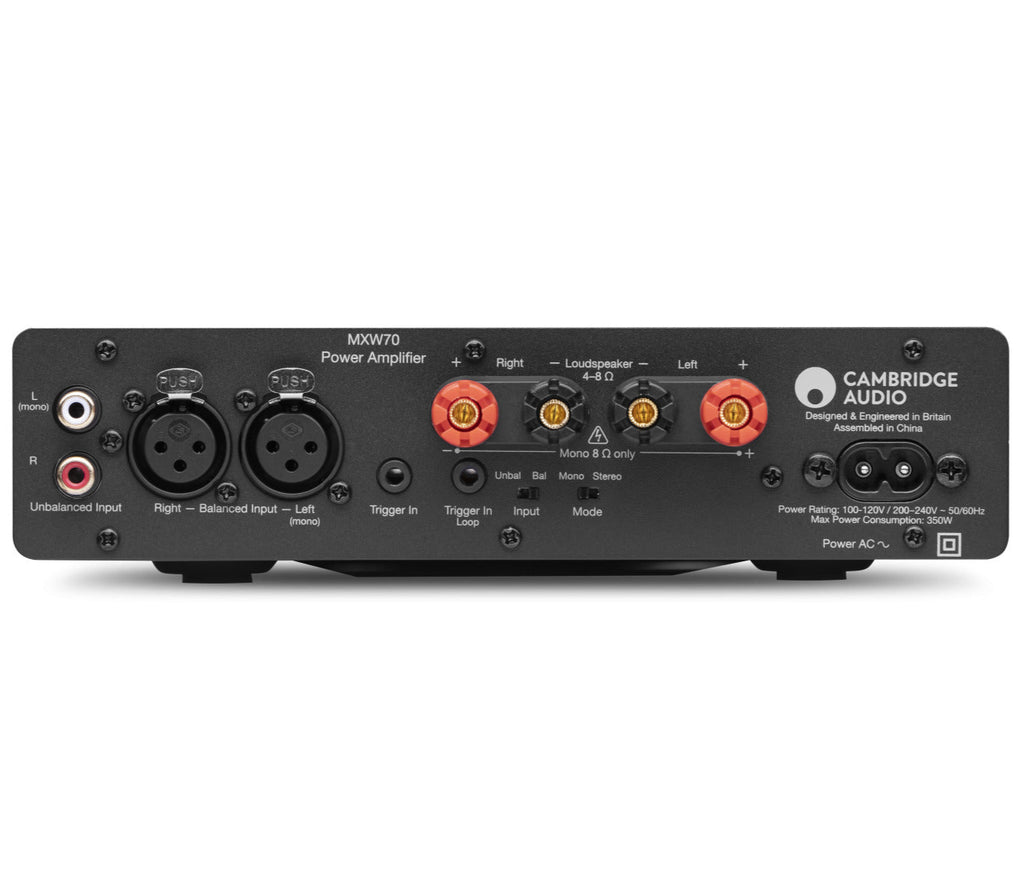 Rear view of Cambridge Audio MXW70 stereo amplifier showing connection ports and controls.