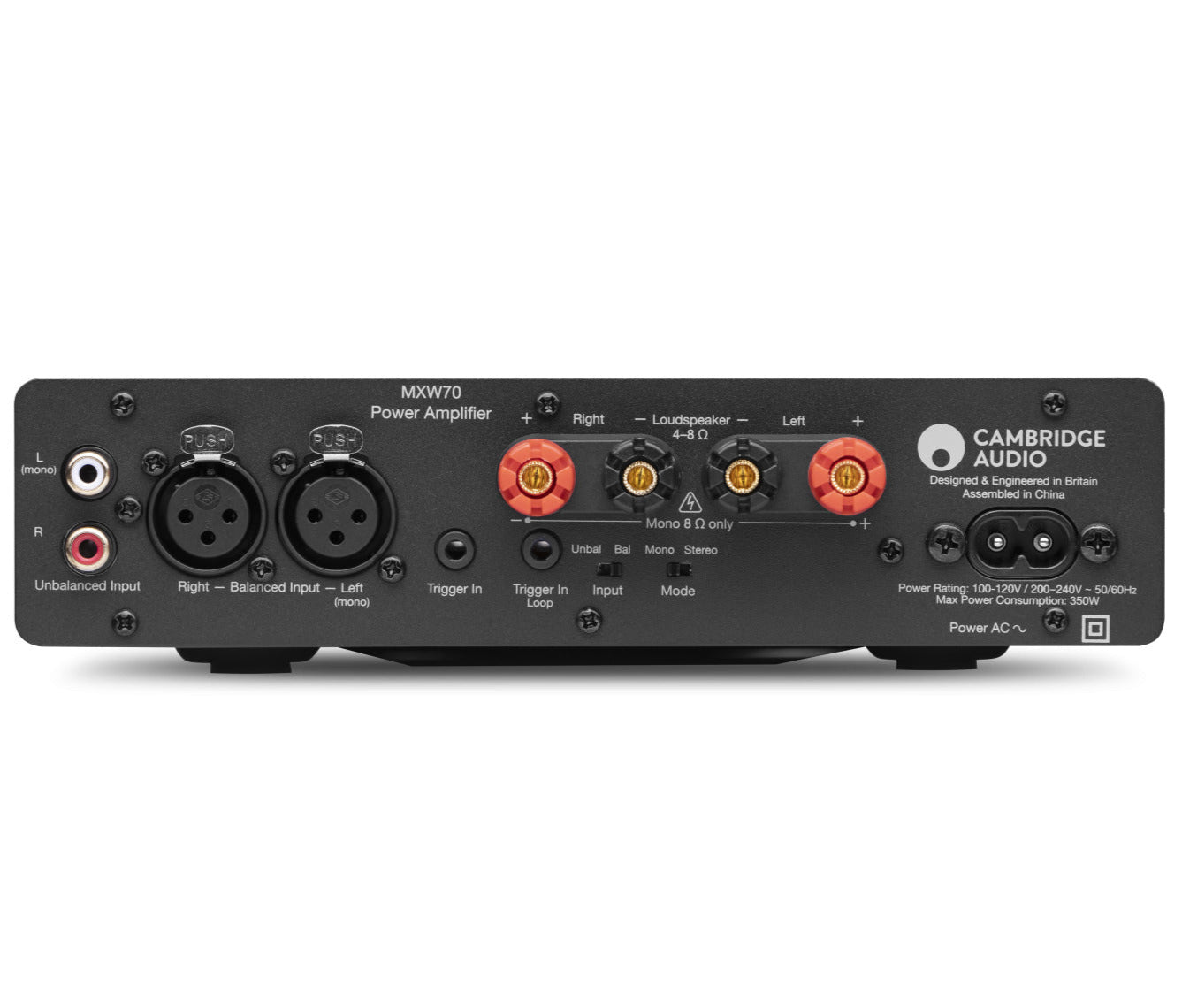 Rear view of Cambridge Audio MXW70 stereo amplifier showing connection ports and controls.