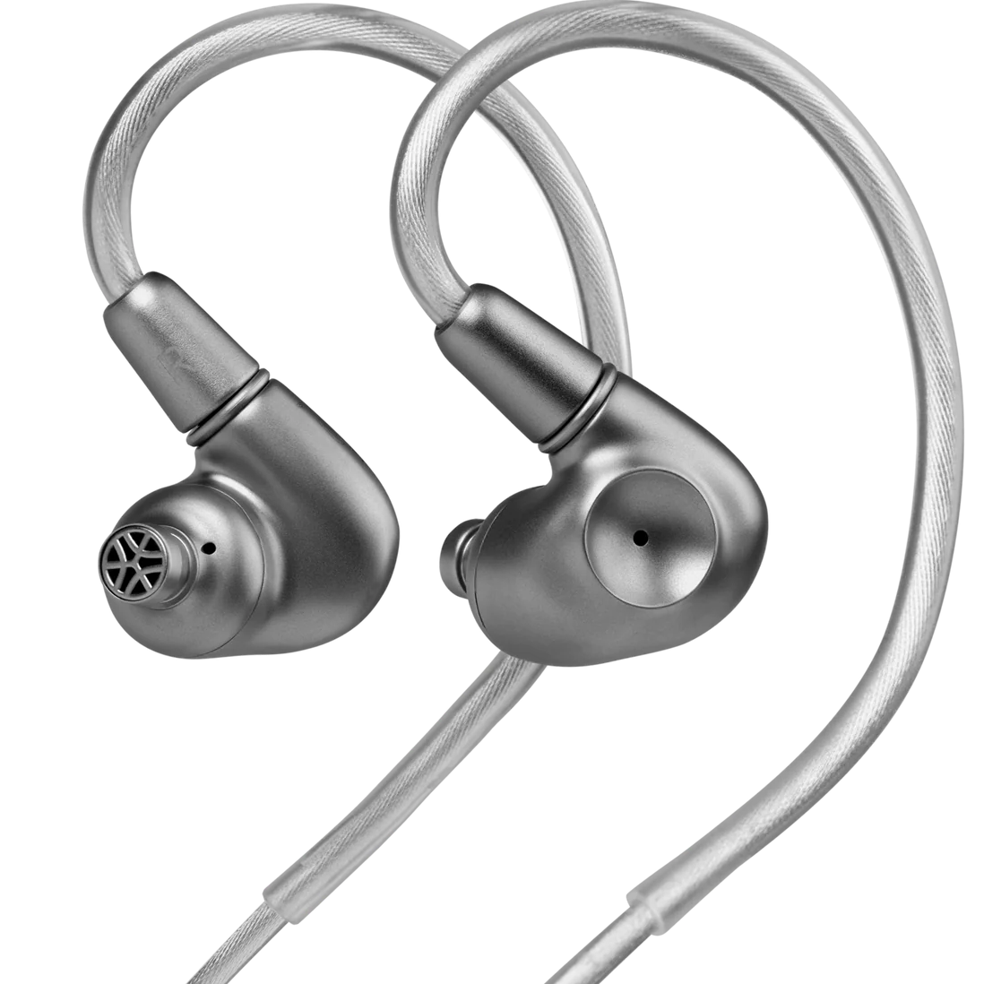 Meze Audio Astru wired in-ear headphones with black earbuds and inline microphone on a white background.