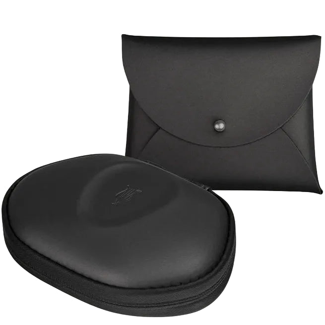 Meze Audio Astru wired in-ear headphones with black ear tips and carrying pouch, displayed on a white background.