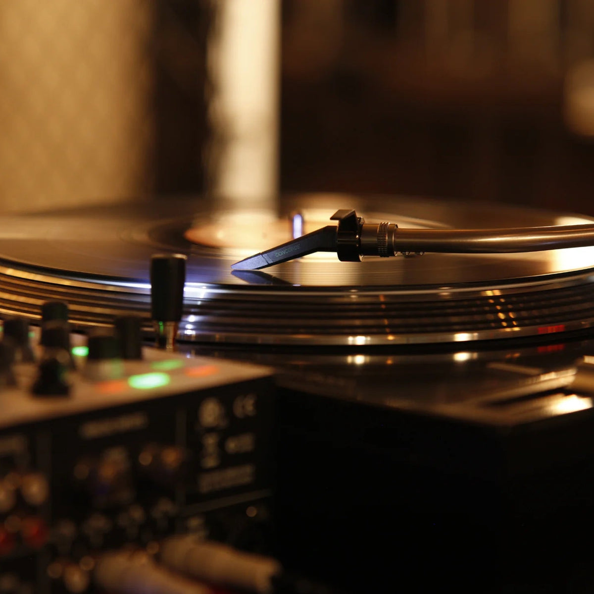 Ortofon Concorde Mix MK2 turntable cartridge with stylus for DJ and mixing applications, shown on a turntable.