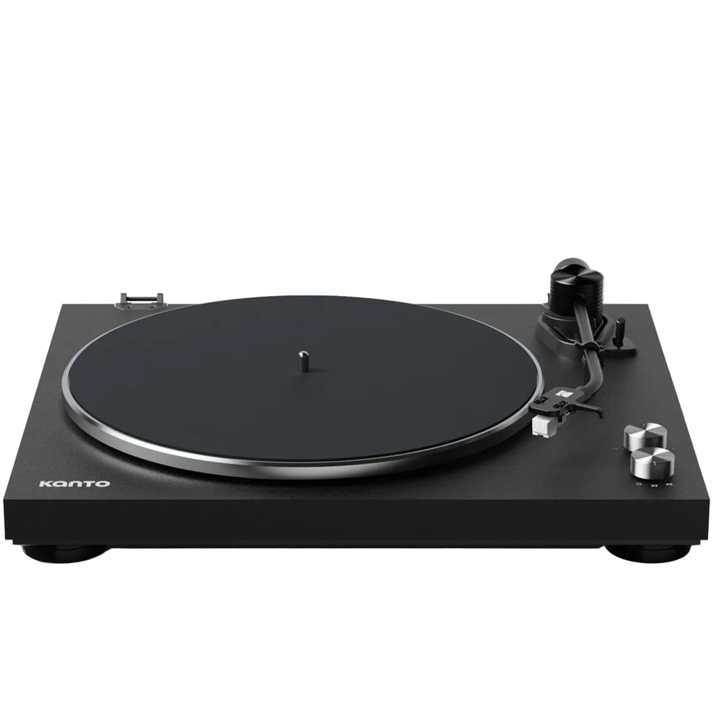 Kanto Audio OBI3 turntable in vibrant mango blue finish, showcasing sleek design and front view with tonearm and controls.