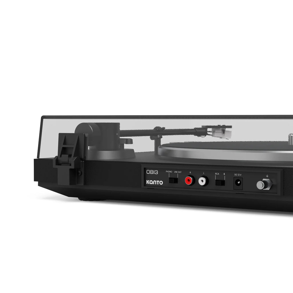 Kanto Audio OBI3 turntable with rear and key detail view, showcasing its sleek design and connection ports.