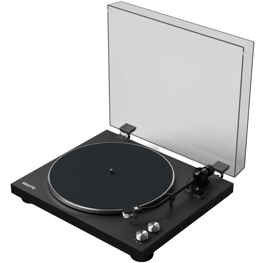 Kanto Audio OBI3 turntable with a sleek black finish and modern design, shown from the main left cover angle.