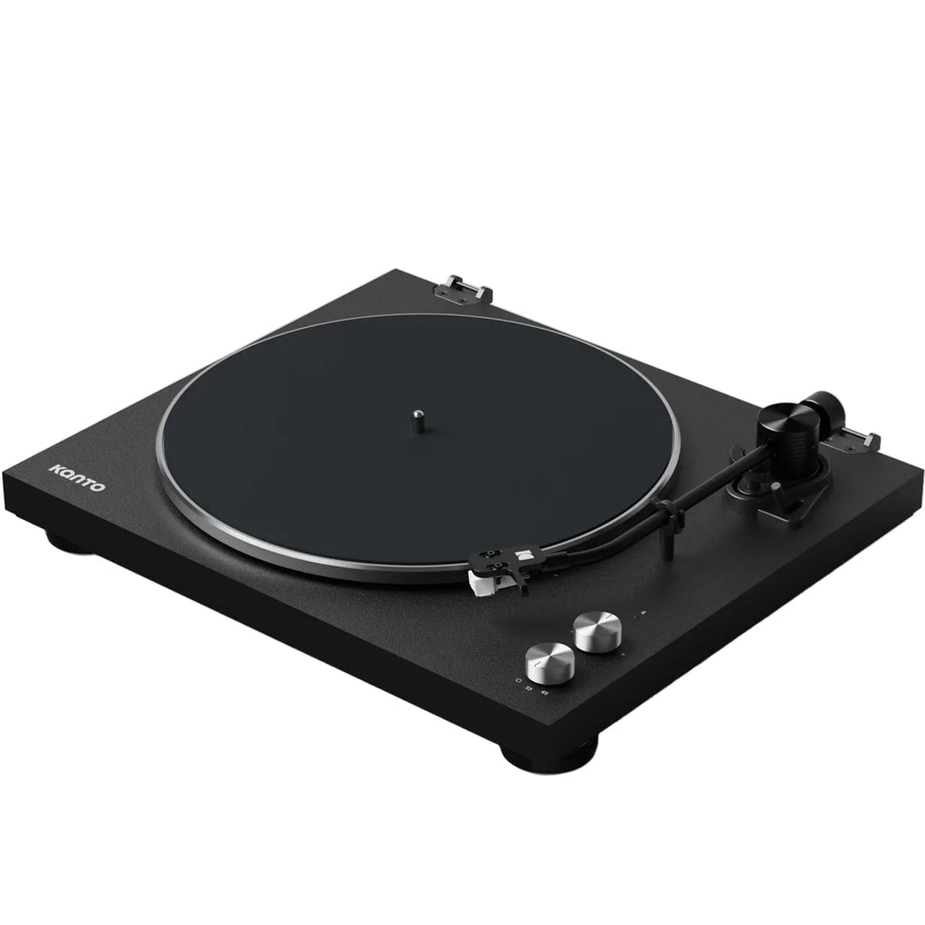 Kanto Audio OBI3 turntable with a sleek black and silver design, showing the main left side view.