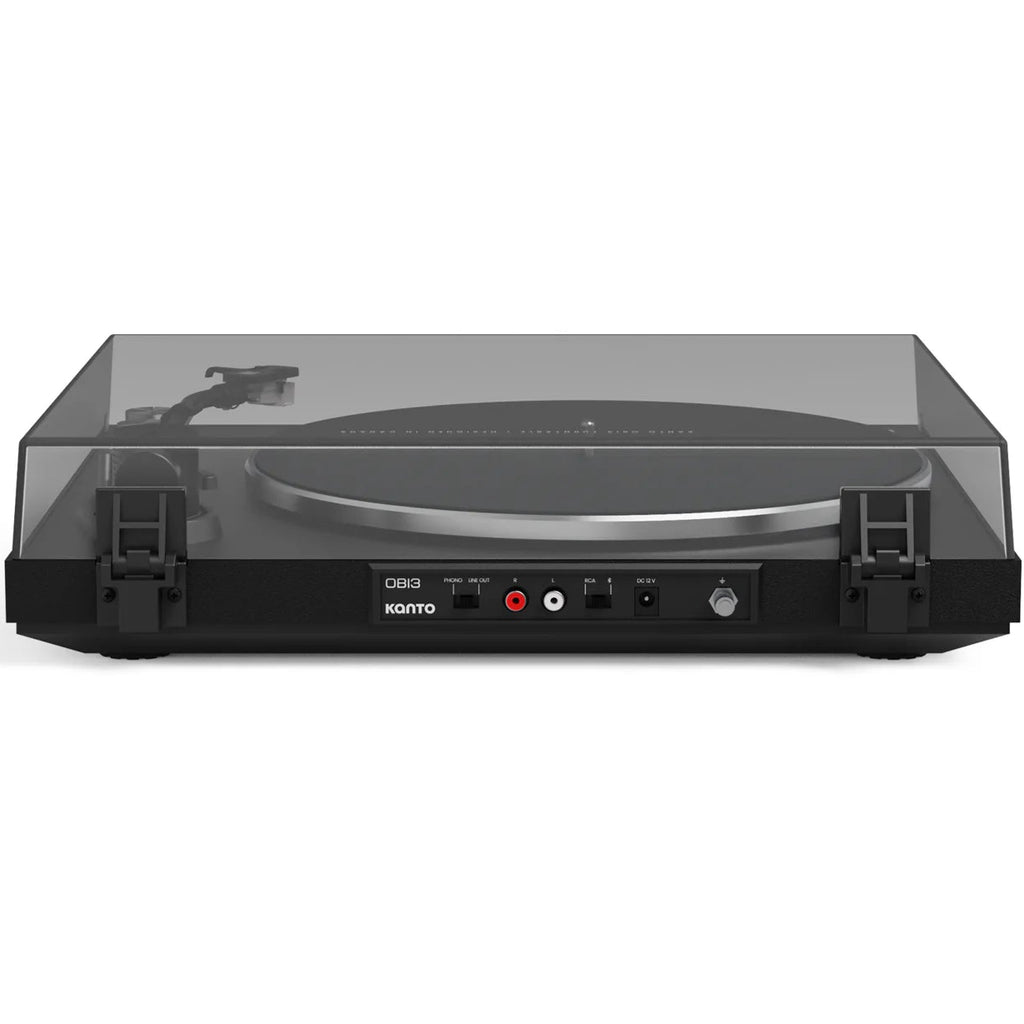 Rear view of Kanto Audio OBI3 turntable showcasing its design and connection ports.