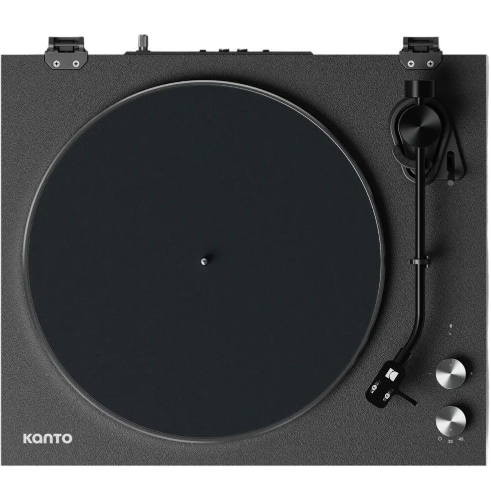 Top-down view of the Kanto Audio OBI3 turntable showcasing its sleek design and control panel.