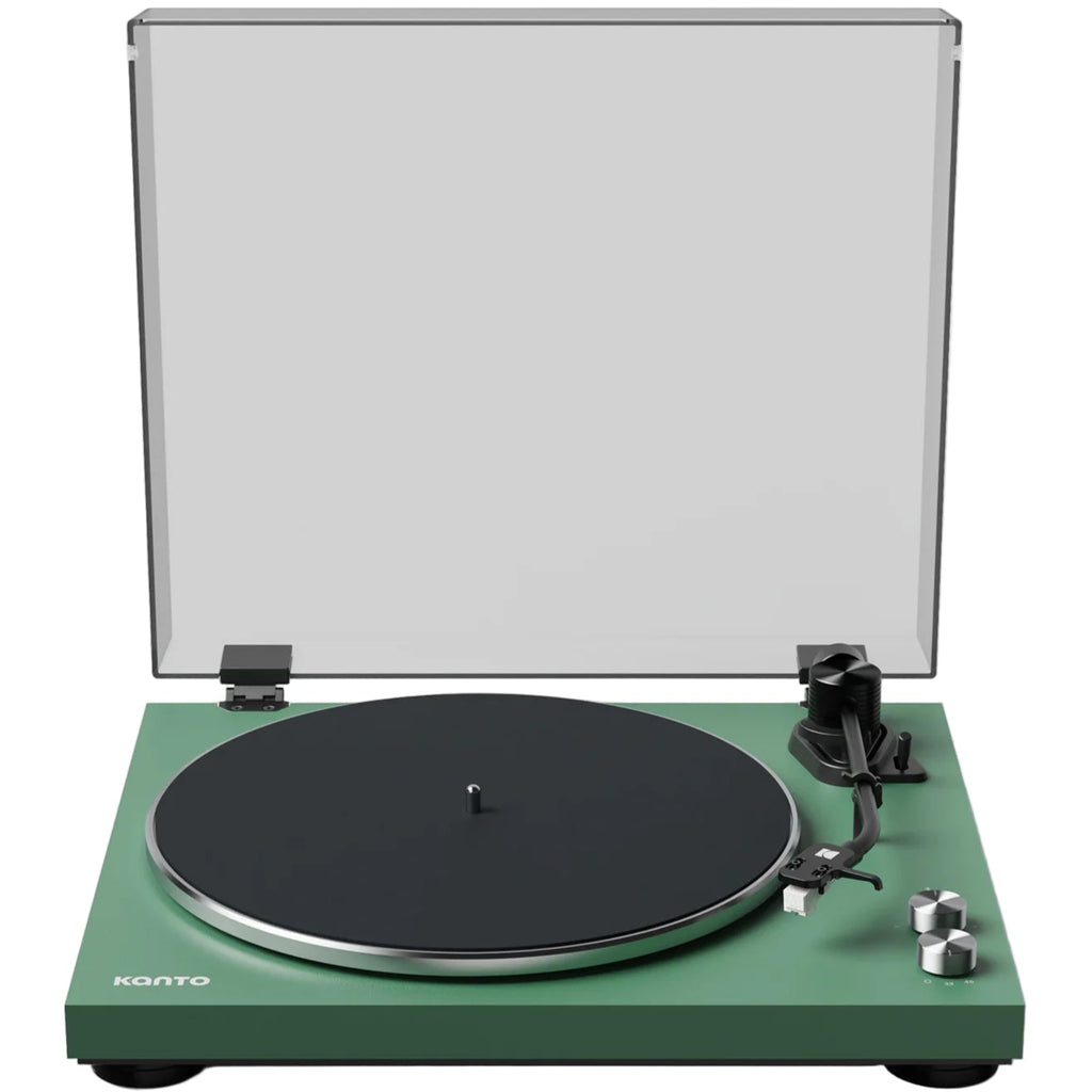 Kanto Audio OBI3 turntable with sleek front cover in a modern design, showcasing its stylish and functional audio equipment.