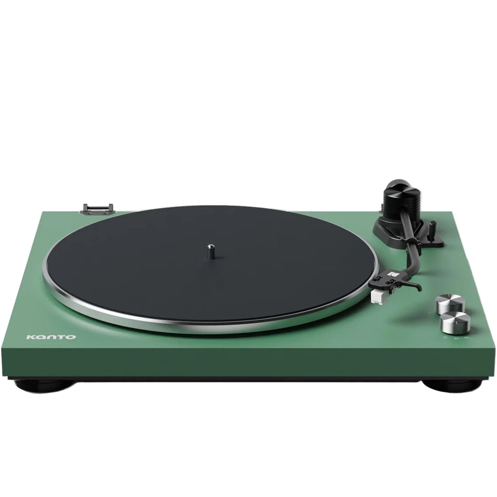Kanto Audio OBI3 turntable in a sleek front view with vinyl record, showcasing modern audio design and build quality.