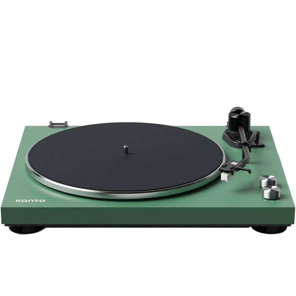 Kanto Audio OBI3 turntable in a sleek front view with vinyl record, showcasing modern audio design and build quality.