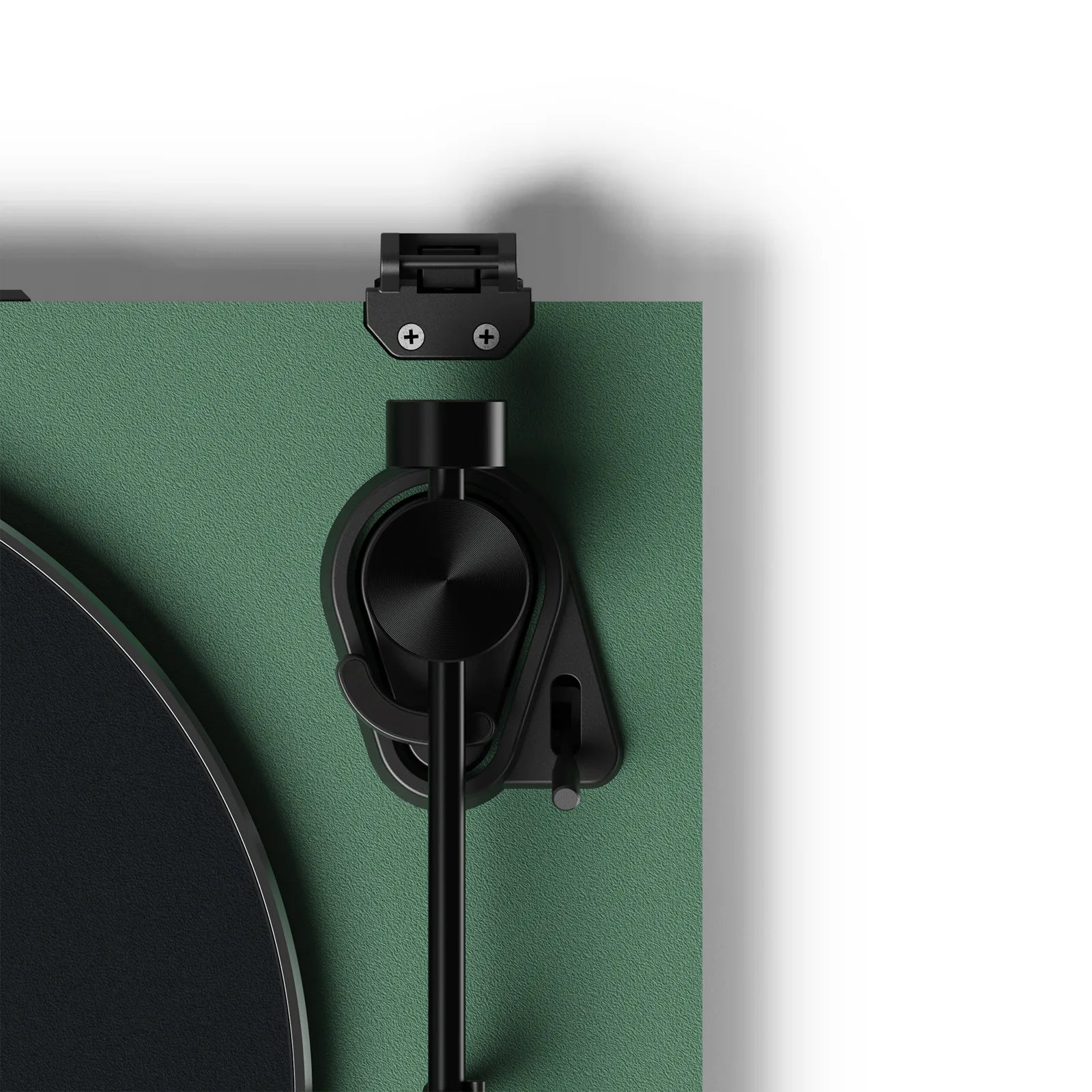 Close-up of the tonearm and cartridge on the Kanto Audio OBI3 turntable showing key components and craftsmanship details.
