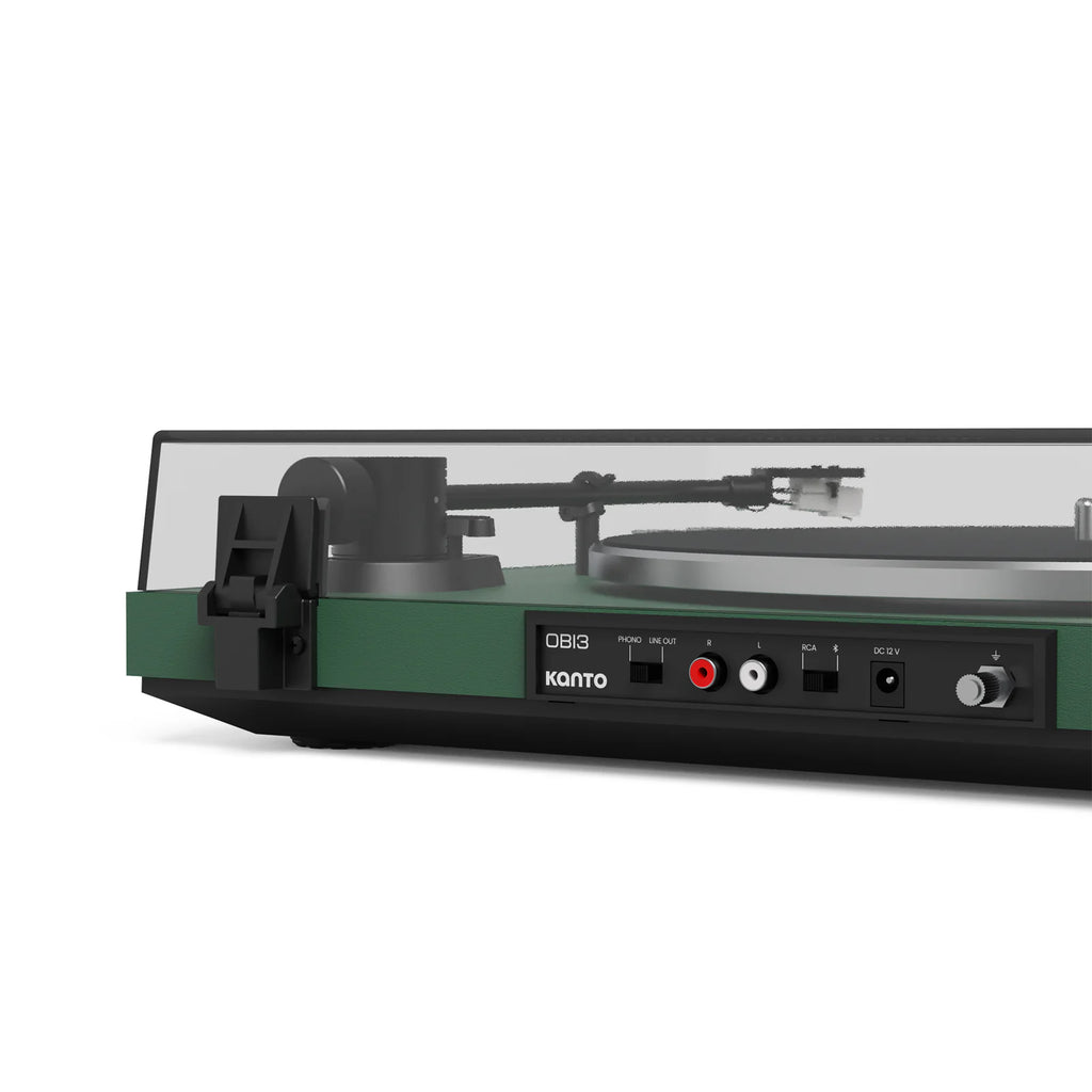 Kanto Audio OBI3 turntable rear view showing input ports and control panel with sleek design and wooden finish.