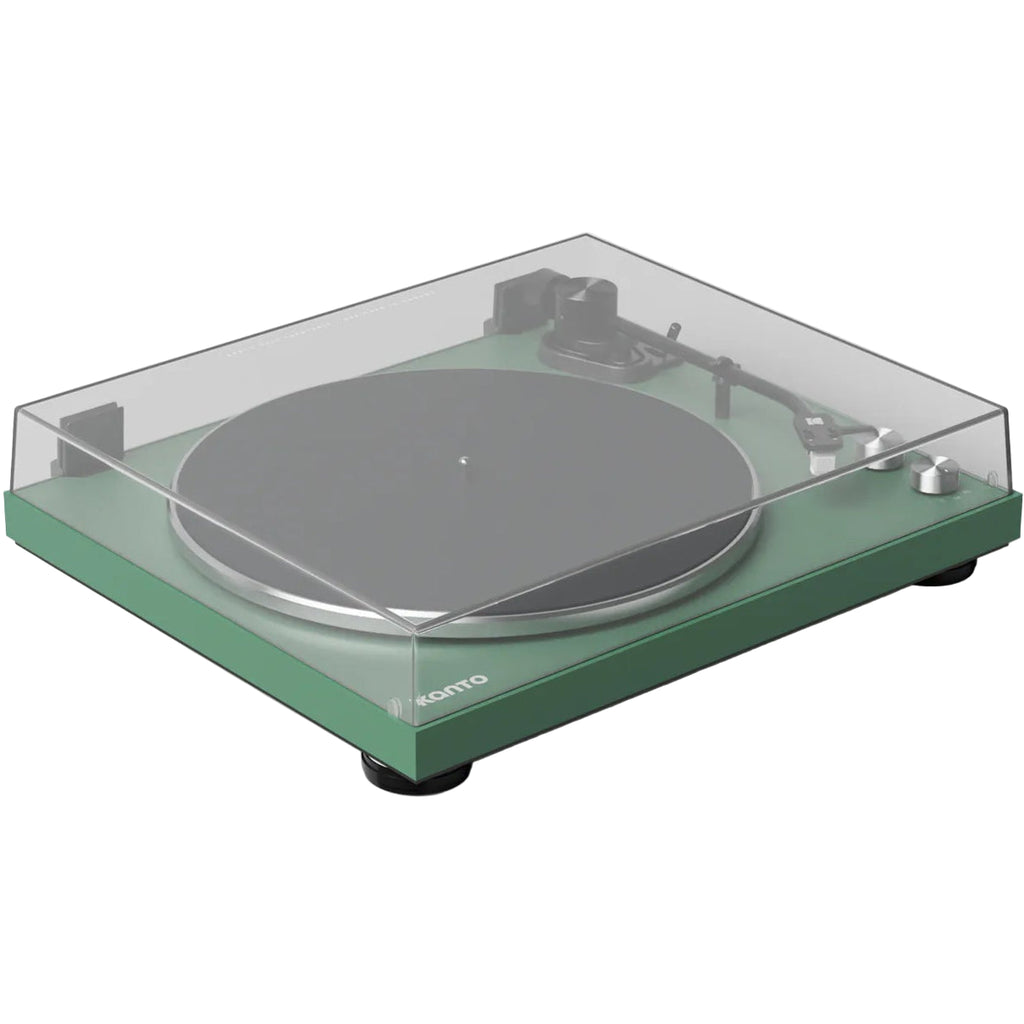 Kanto Audio OBI3 turntable with a sleek cover, showcasing the modern design and compact form of the turntable in a stylish setting.