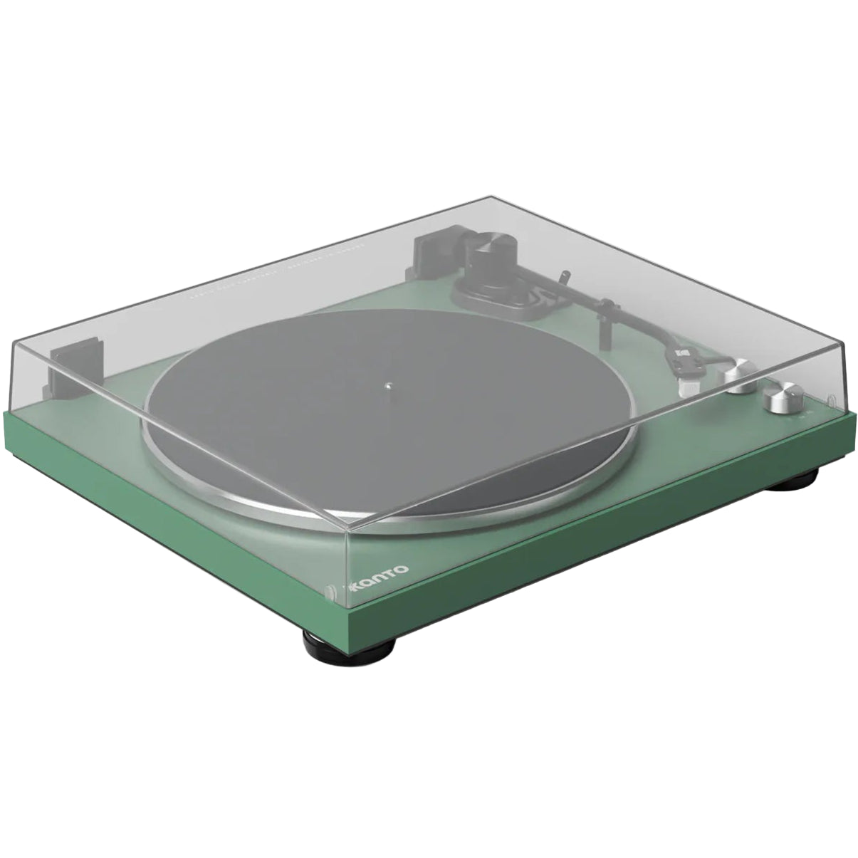 Kanto Audio OBI3 turntable with a sleek cover, showcasing the modern design and compact form of the turntable in a stylish setting.