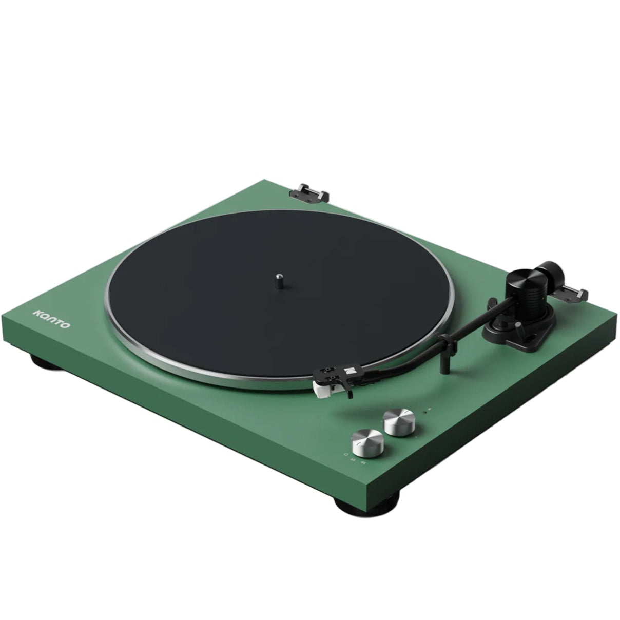 Kanto Audio OBI3 turntable in matte navy, showing the main left side with sleek design and control buttons.