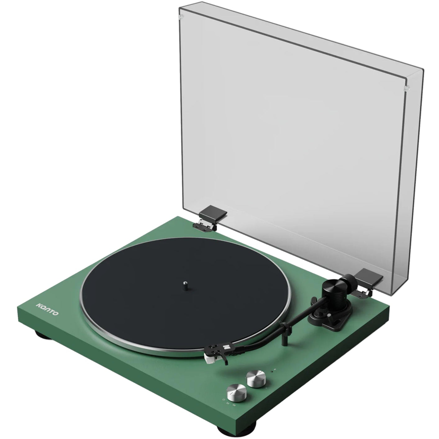 Kanto Audio OBI3 turntable with matte black cover and wood finish, featuring turntable controls and sleek design.