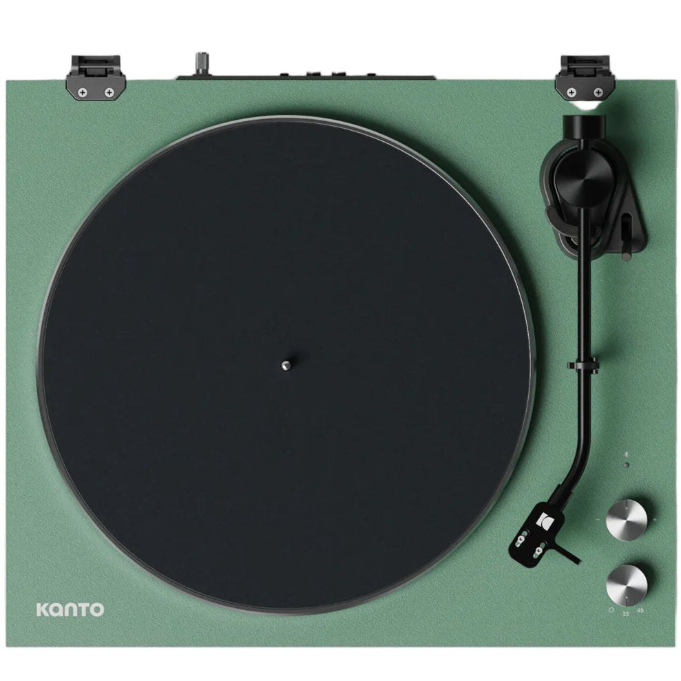 Top-down view of the Kanto Audio OBI3 turntable showcasing its sleek design and control features.