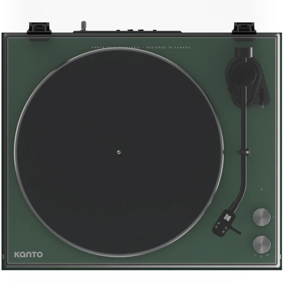 Top-down view of Kanto Audio OBI3 turntable with protective cover in a sleek design, showcasing its modern audio equipment features.