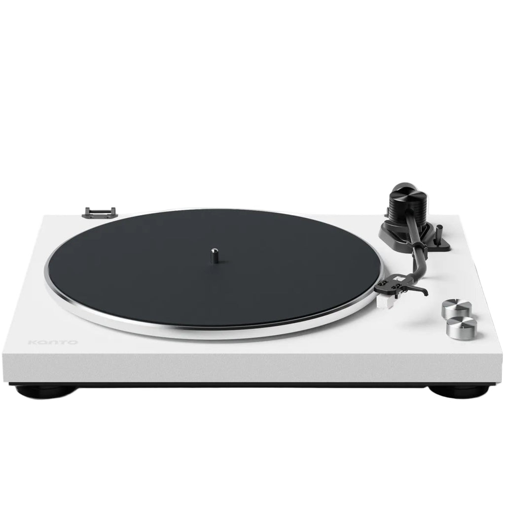 Kanto Audio OBI3 turntable with a sleek black finish and modern design, front view showcasing the turntable's controls and platter.