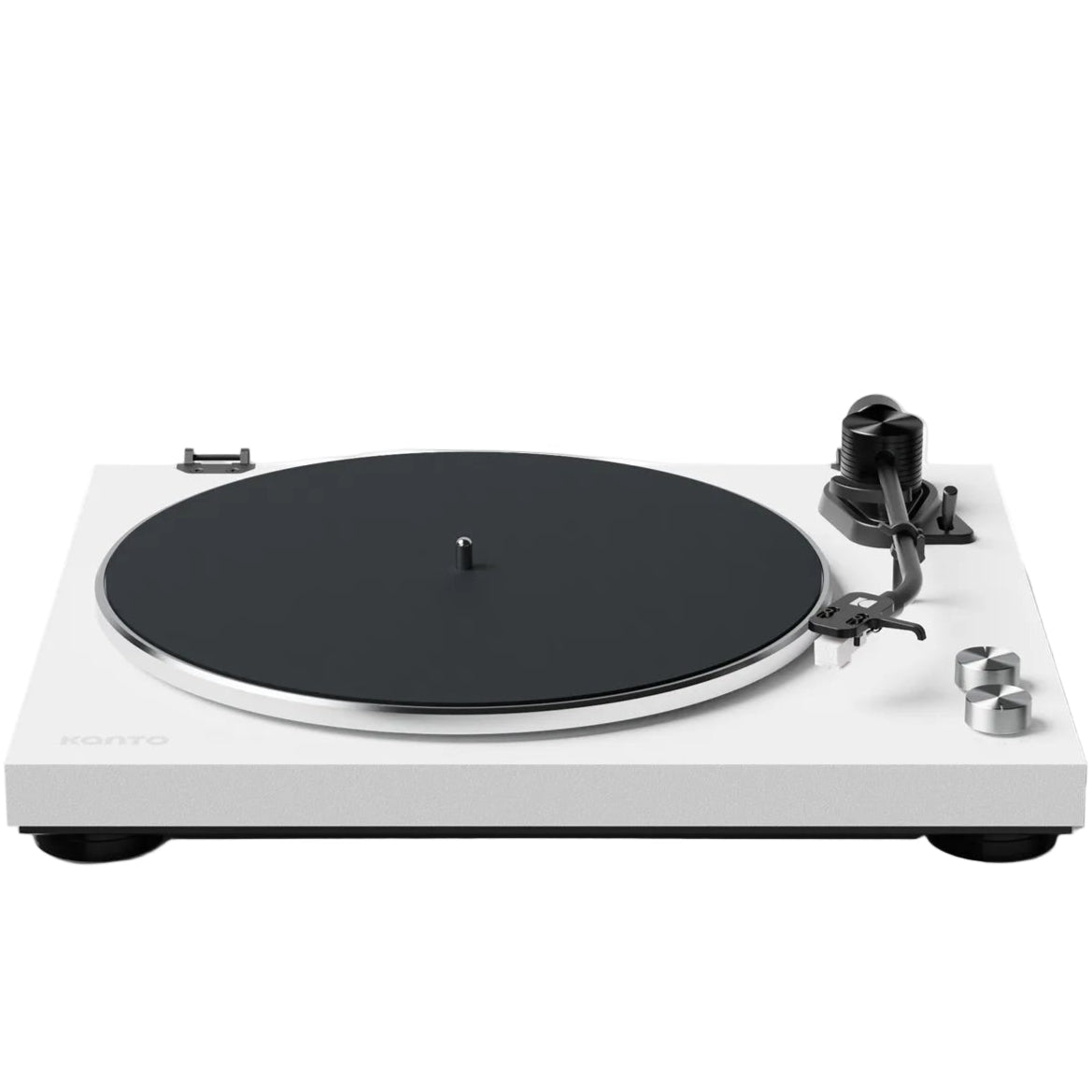 Kanto Audio OBI3 turntable with a sleek black finish and modern design, front view showcasing the turntable's controls and platter.
