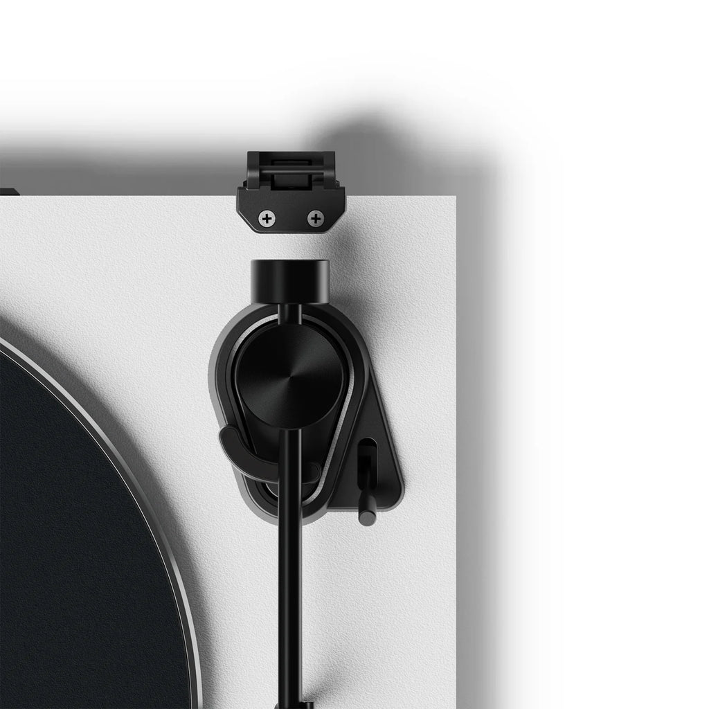 Close-up of the tonearm and controls on the Kanto Audio OBI3 turntable, showcasing its sleek design and detailed features.