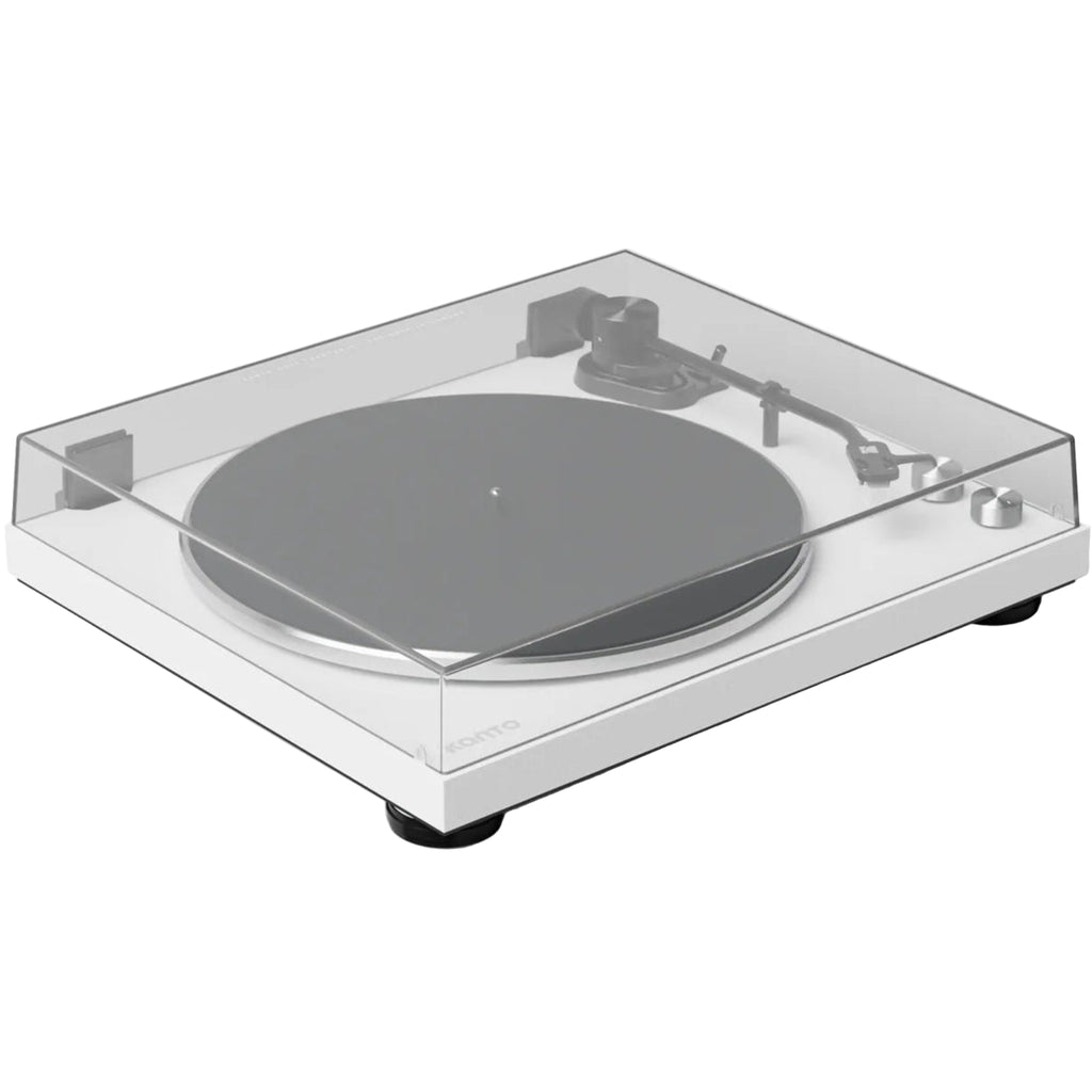Kanto Audio OBI3 turntable with a sleek wooden cover and modern design, shown from the right side.