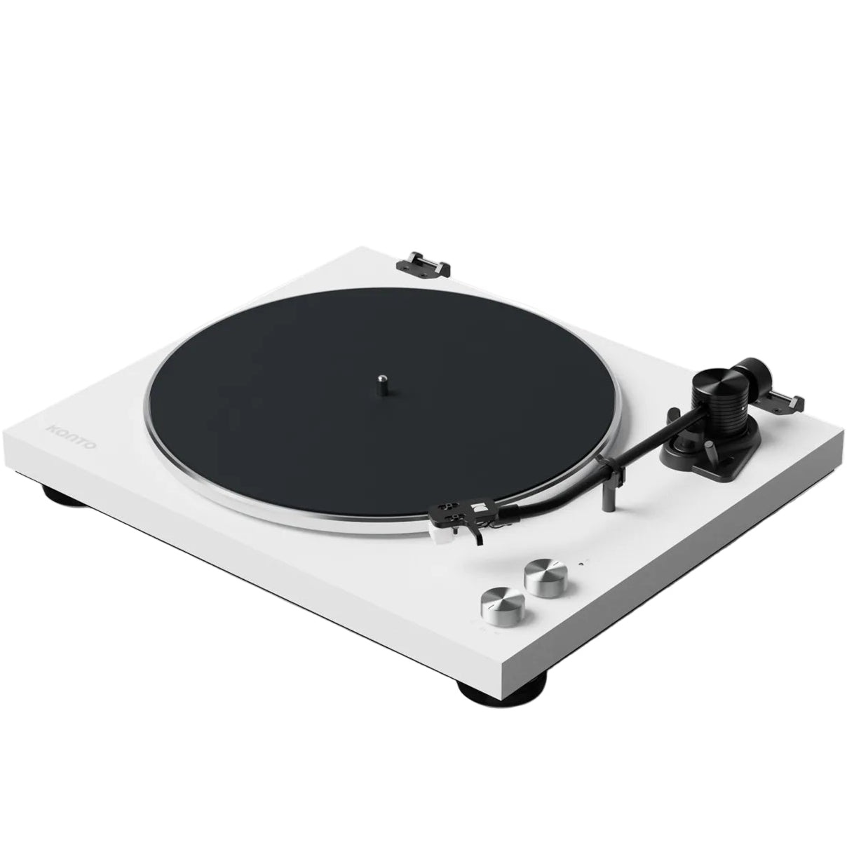 Kanto Audio OBI3 turntable with white vinyl record on a sleek, modern turntable base, showing the left side and tonearm.