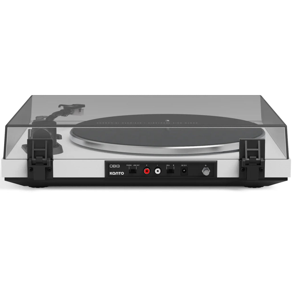 Rear view of Kanto Audio OBI3 turntable in white, showcasing the connection ports and sleek design.