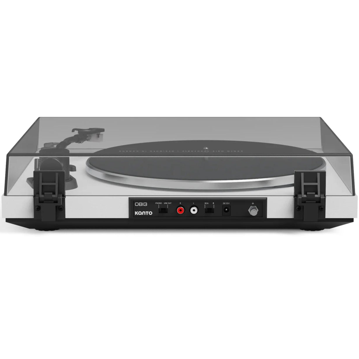 Rear view of Kanto Audio OBI3 turntable in white, showcasing the connection ports and sleek design.