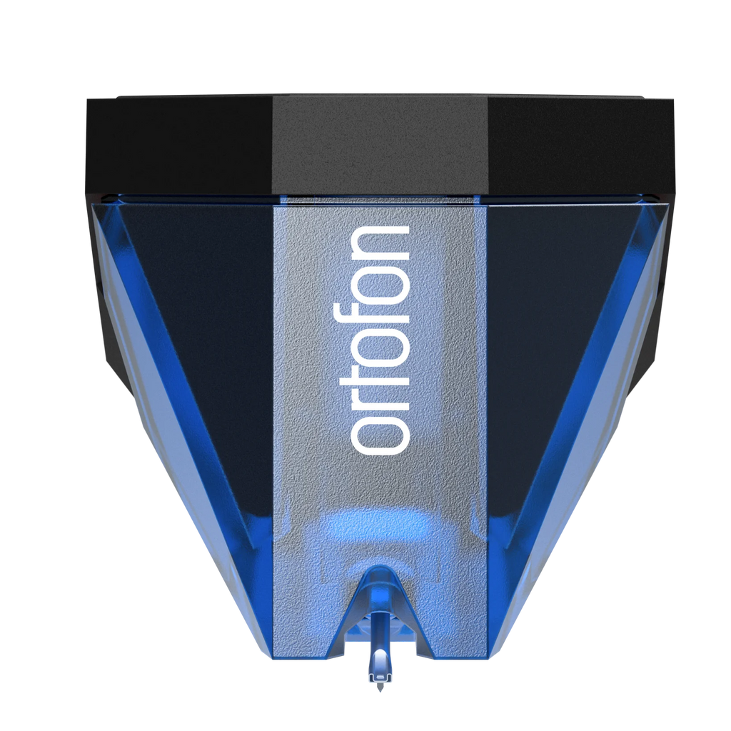 Ortofon 2M Blue turntable cartridge stylus with sleek design and blue body, mounted on a turntable for high-quality audio playback.