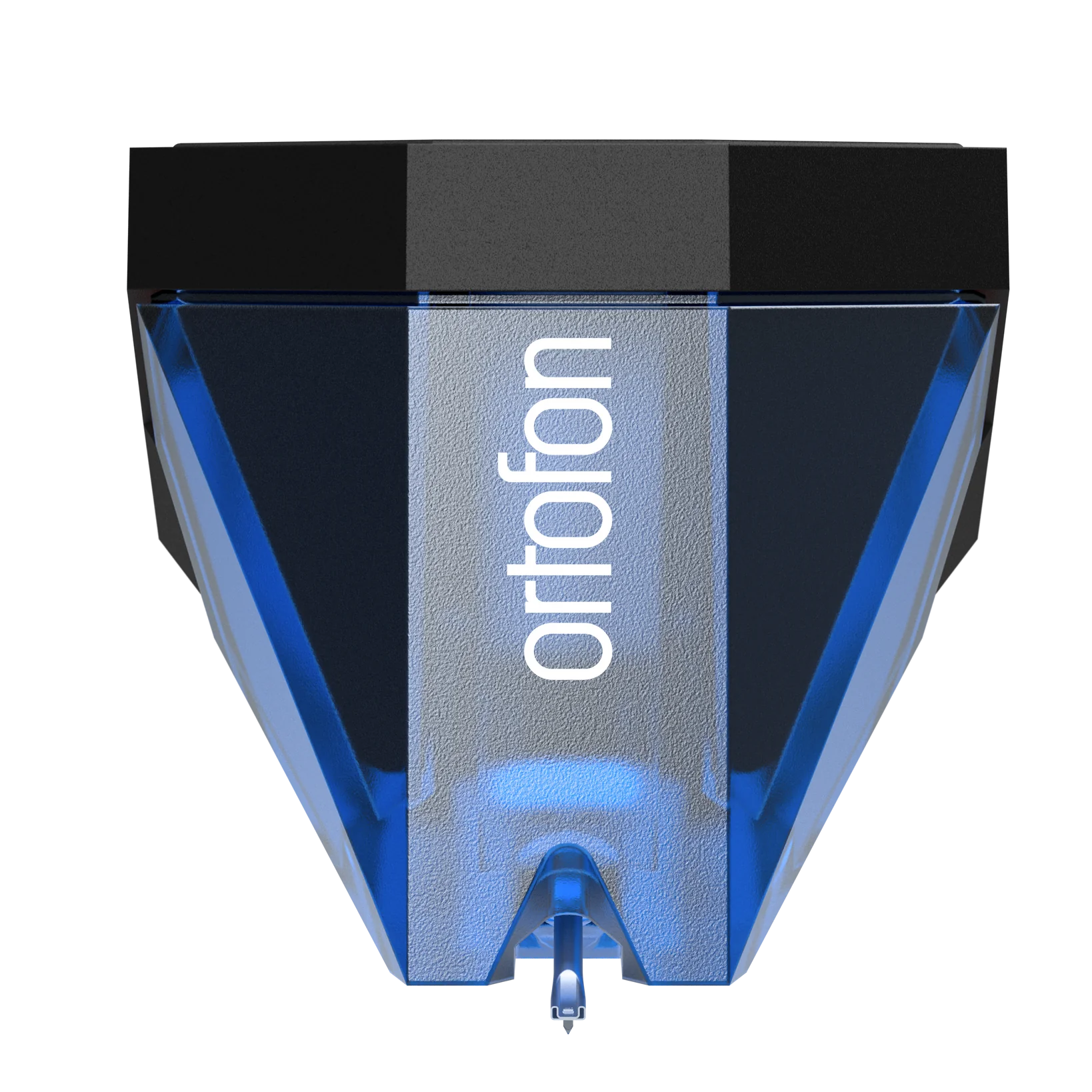 Ortofon 2M Blue turntable cartridge stylus with sleek design and blue body, mounted on a turntable for high-quality audio playback.
