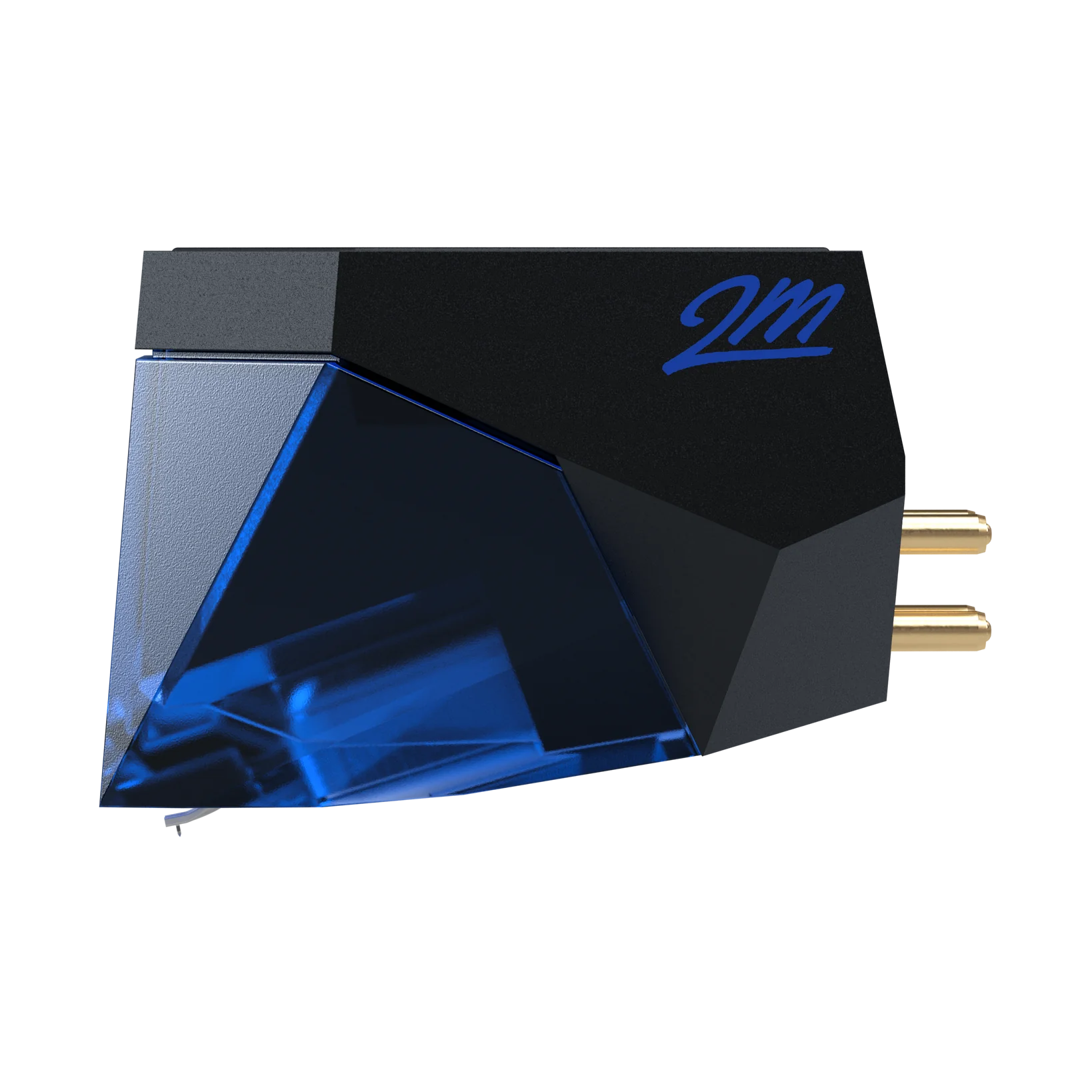 Ortofon 2M Blue turntable stylus cartridge shown from the left side, featuring the blue stylus and cartridge body.