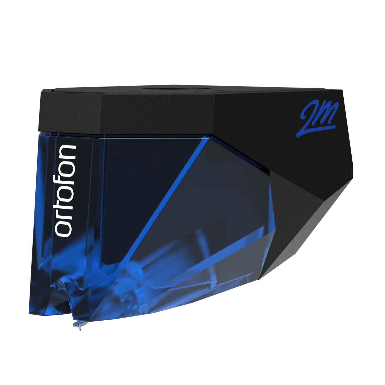 Ortofon 2M Blue turntable cartridge stylus tilted left, showing the detailed stylus tip and branding on the cartridge body.