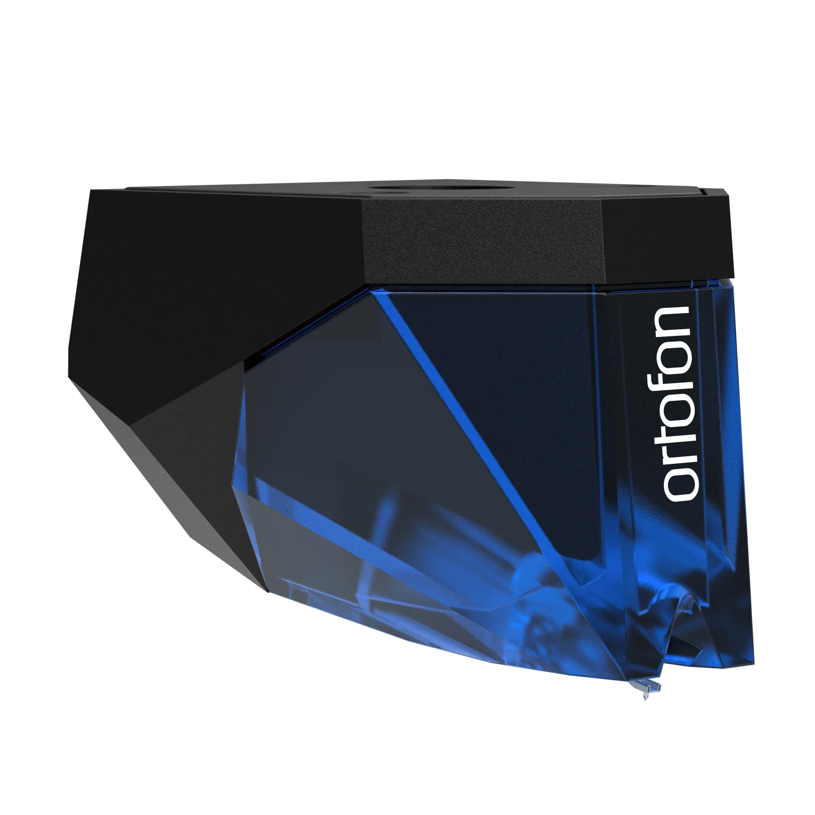 Ortofon 2M Blue turntable cartridge stylus mounted on turntable, showing the detailed design and branding of the Ortofon 2M series.