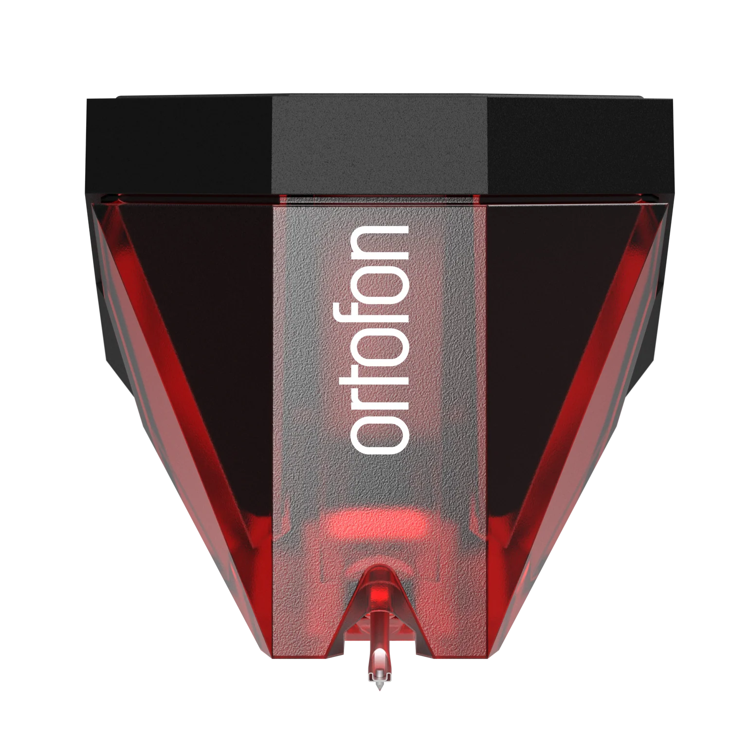 Ortofon 2M Red turntable cartridge with red stylus, detailed front view showing cartridge body and stylus tip.