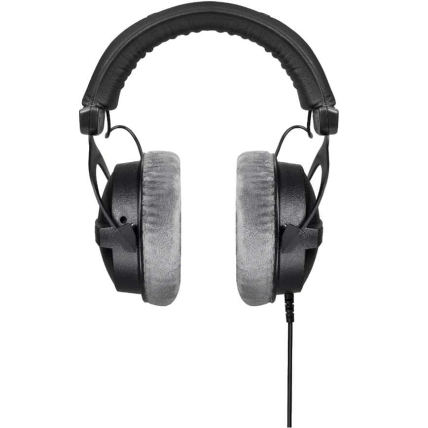 Beyerdynamic DT 770 Pro studio headphones with over-ear design and adjustable headband, shown from side view.