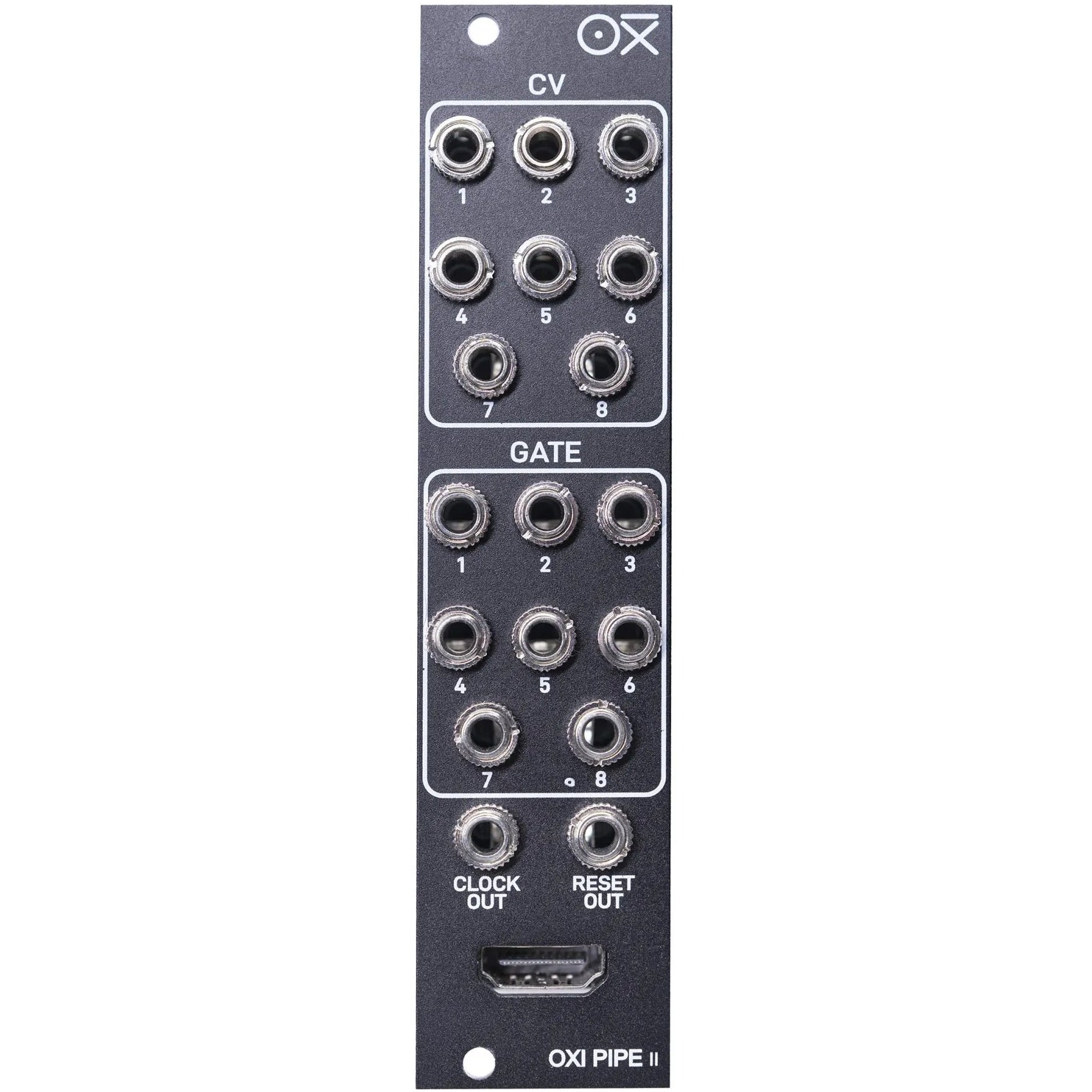 Front view of OXI Instruments Pipe MKII semi-modular synthesizer with knobs and patch points in a sleek black design.
