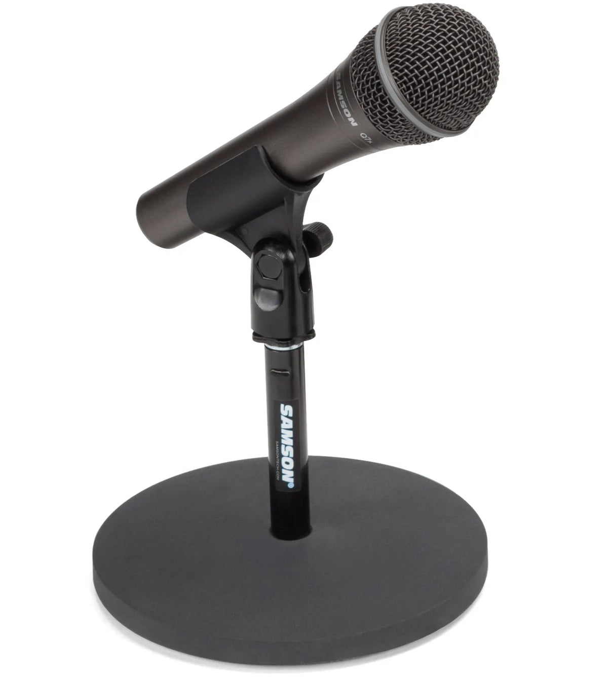 Samson MD5 desktop microphone stand with adjustable height for optimal recording position and stability.