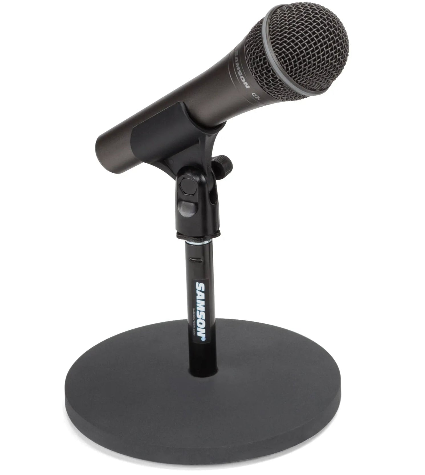 Samson MD5 desktop microphone stand with adjustable height for optimal recording position and stability.