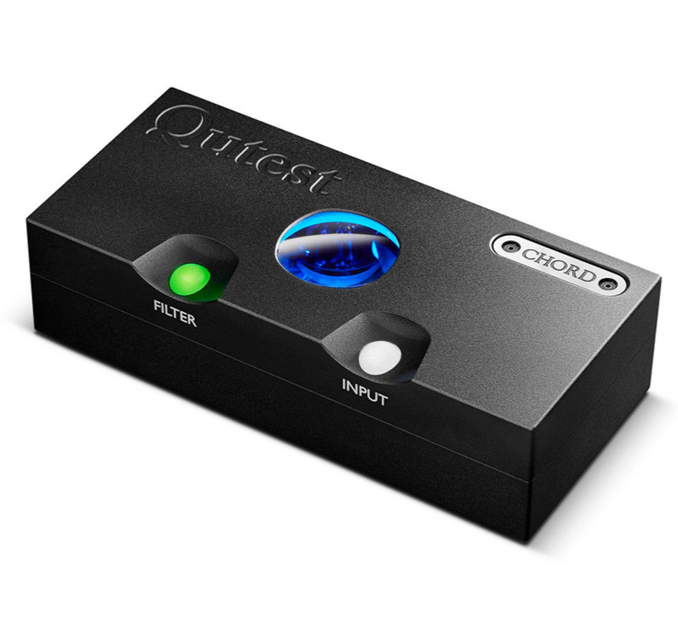 Chord Electronics Qutest headphone amplifier and DAC, showing the sleek front panel with controls and display.