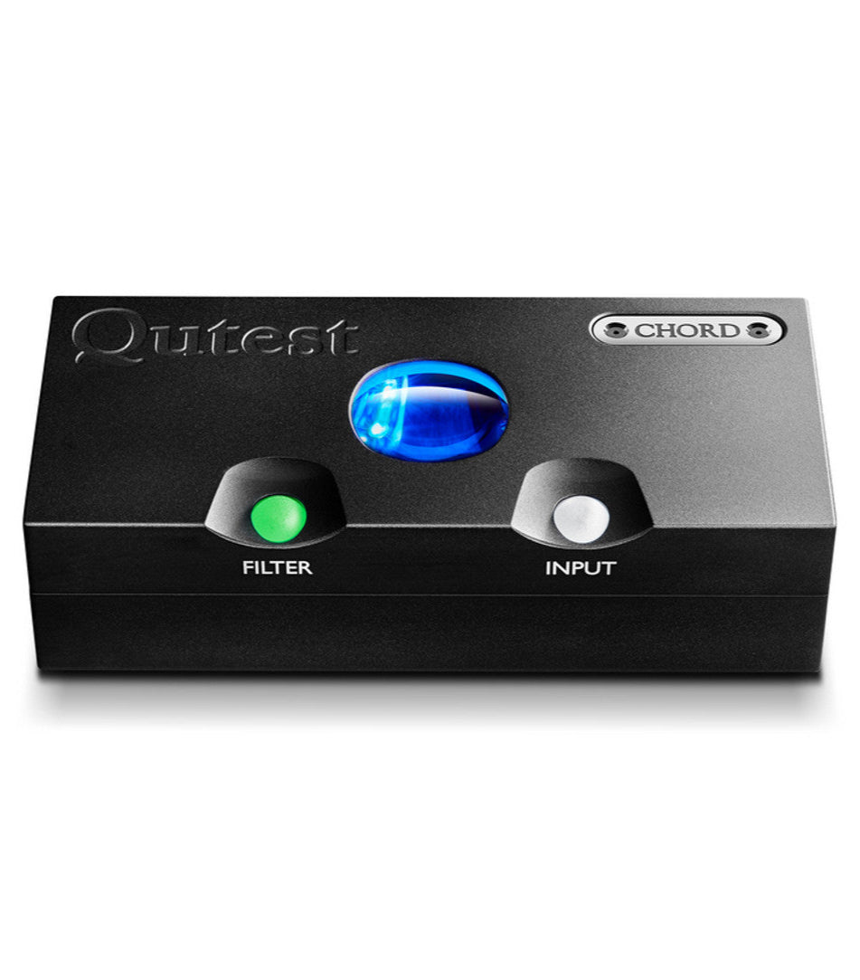 Front view of Chord Electronics Qutest DAC and headphone amplifier with sleek black design and control buttons.