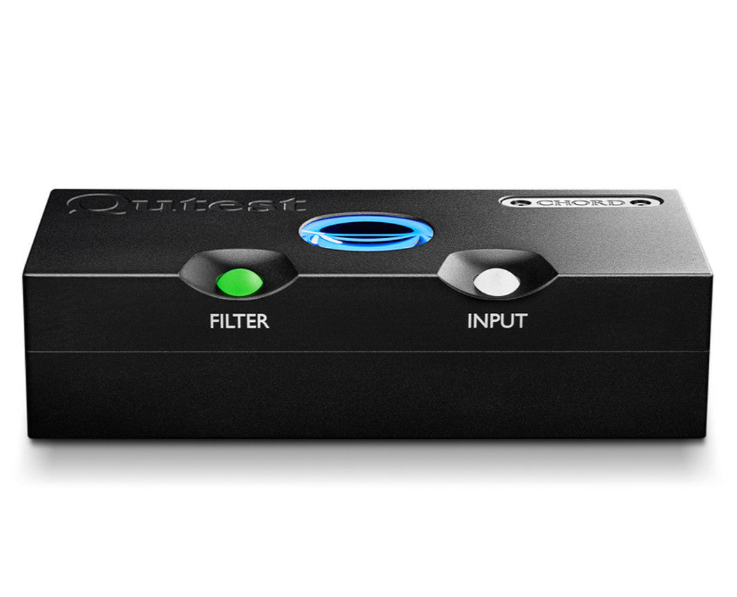 Chord Electronics Qutest headphone amplifier and DAC front view, showcasing compact design and control knobs.