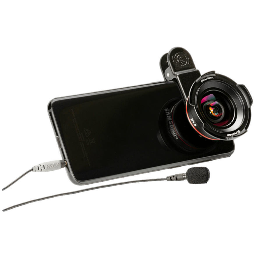 Rode SmartLav+ lavalier microphone clipped to a user's shirt, designed for high-quality wearable audio recording.