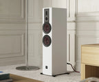 DALI Rubikore 6 passive floorstanding speakers in a living room setting, showcasing sleek black cabinets and modern design.