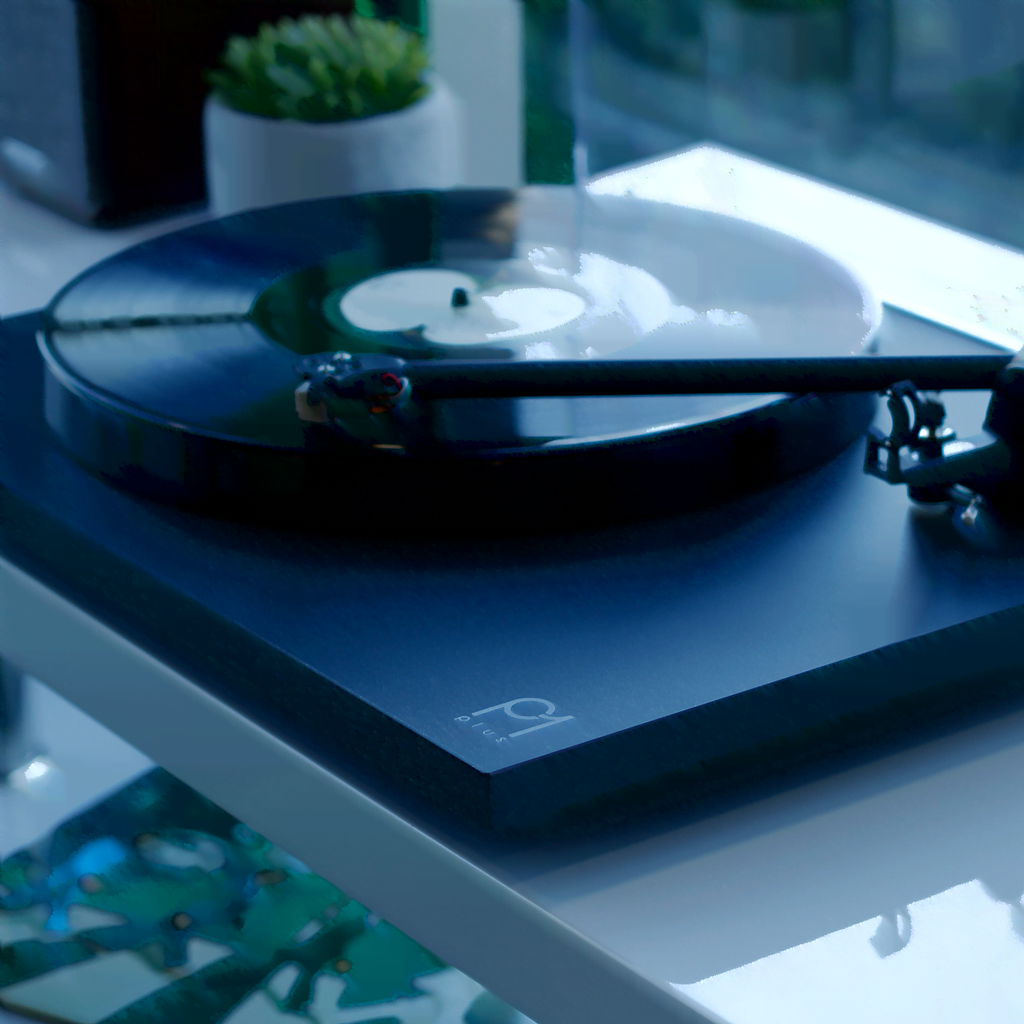 Rega Planar 1 Plus turntable in black matte finish, featuring a sleek design and premium audio components.