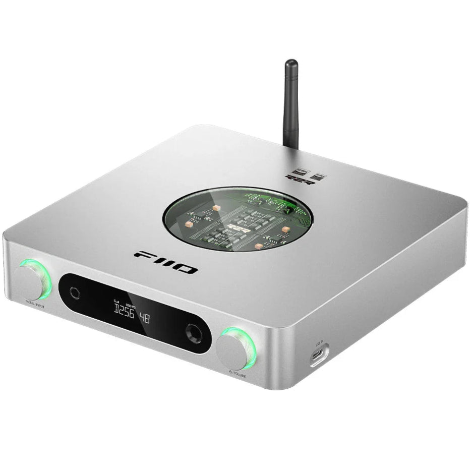 FiiO K13 R2R headphone amplifier and DAC with sleek black design, multiple input ports, and digital display for high-quality audio.