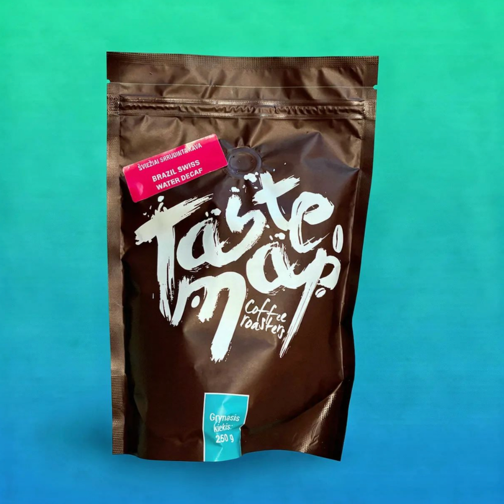 Taste Map Brazil Swiss Water Decaf coffee ground in 250g package, featuring rich coffee beans and vibrant Brazil flavor details.