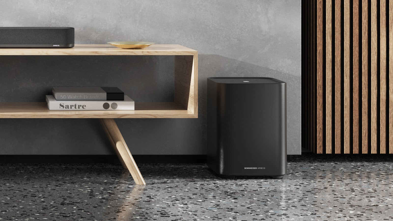 Sennheiser Ambeo Subwoofer for immersive home theater, showing the sleek black subwoofer with control panel and connection ports